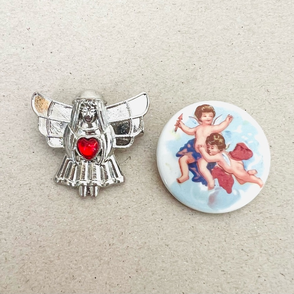 2 Angels brooches silver tone & porcelain